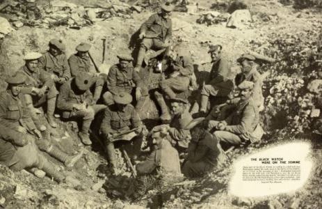 Battle_of_Somme_1916_men_of_The_Black_Watch_resting_in_a_shell_hole_near_Montauban_SMALL